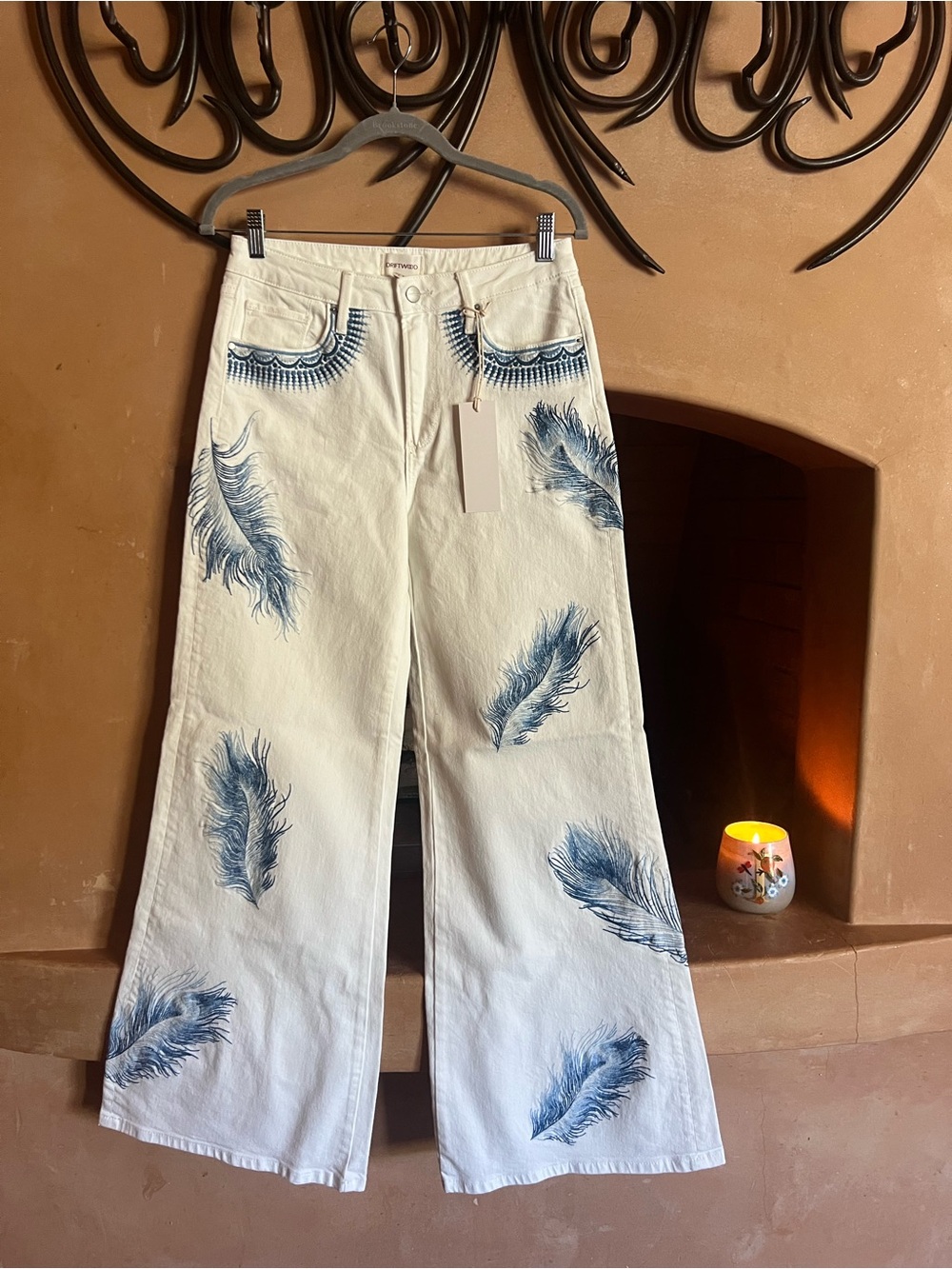 DRIFTWOOD White Wide-Leg Jeans with Blue Feather Motif